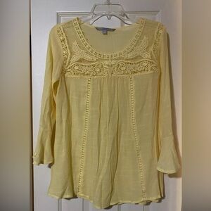 VALERIE STEVENS WOMEN'S YELLOW CROCHET 3/4 SLEEVE TUNIC BLOUSE TOP SMALL